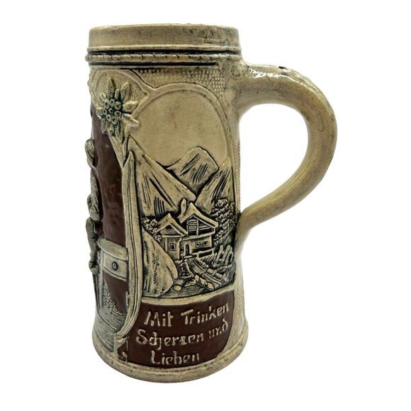 Vintage German Beer Stein Handpainted Couple Mountains Cabin - Picture 3 of 10